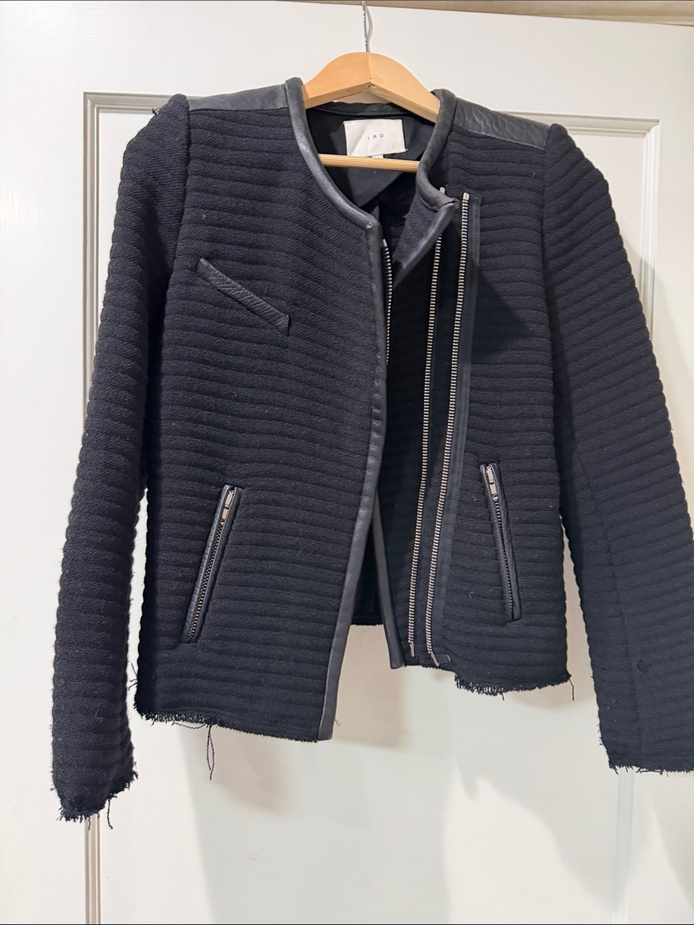IRO Black Quilted Zip-Front Blazer Jacket with Leather Trim